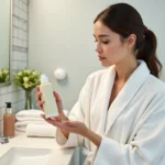 Jeune femme en peignoir examine un nettoyant visage dans la salle de bain