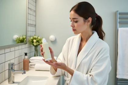 Jeune femme en peignoir examine un nettoyant visage dans la salle de bain