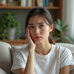 Jeune femme pensif dans un salon lumineux et cosy