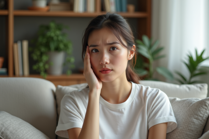 Jeune femme pensif dans un salon lumineux et cosy