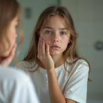 Jeune fille regardant son reflet dans le miroir avec souci