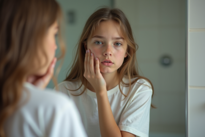 Jeune fille regardant son reflet dans le miroir avec souci