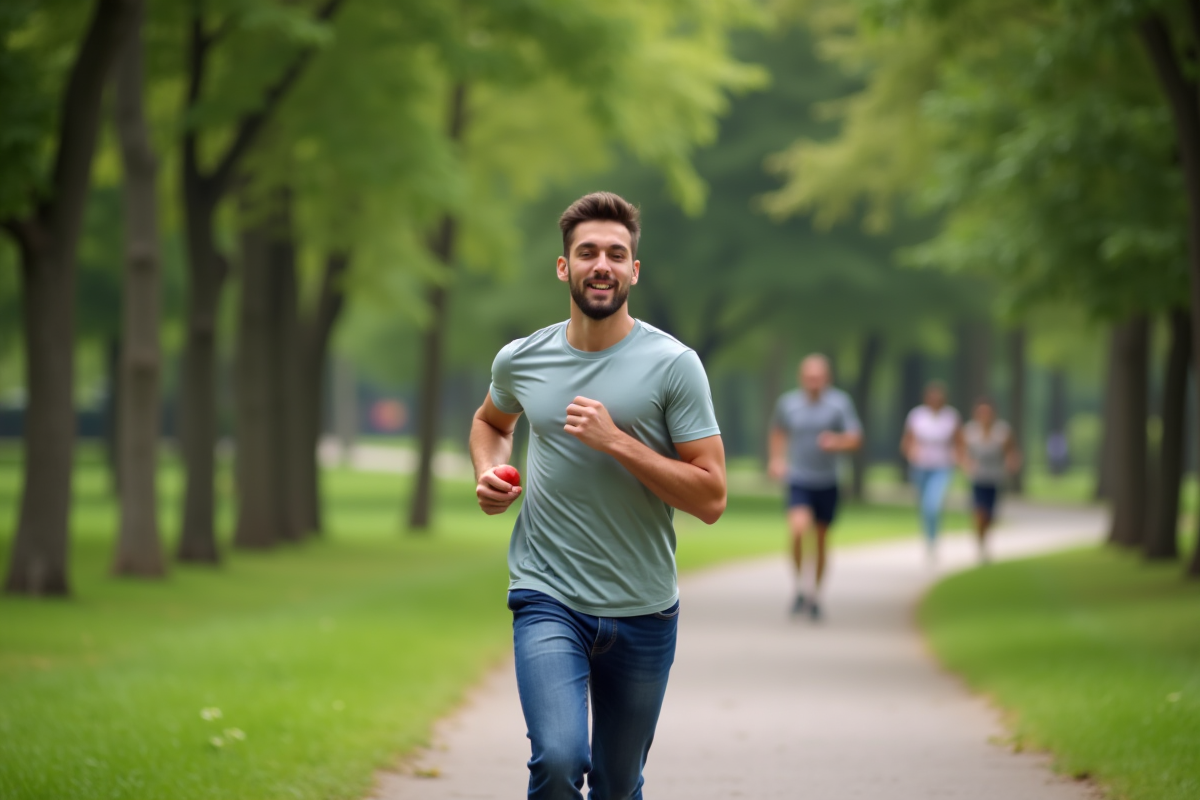 Jeune homme courant dans un parc en mangeant une pomme