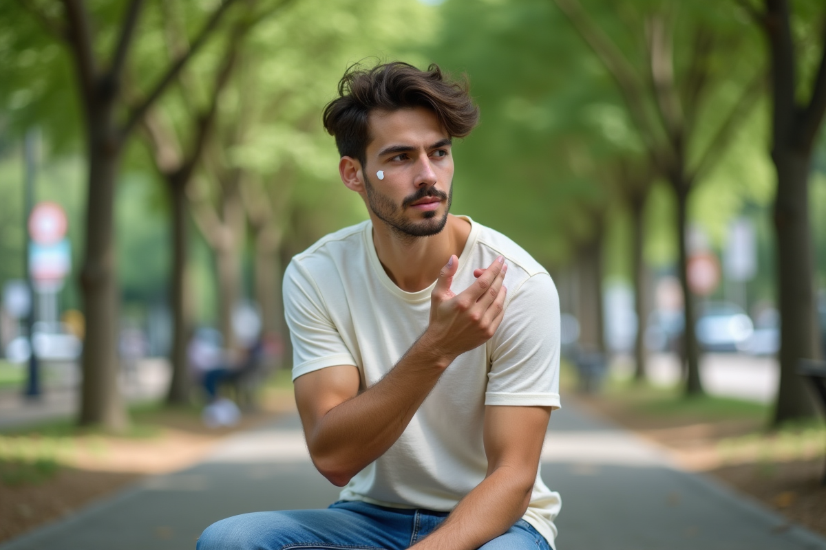 Jeune homme appliquant une crème sur le visage dans un parc urbain