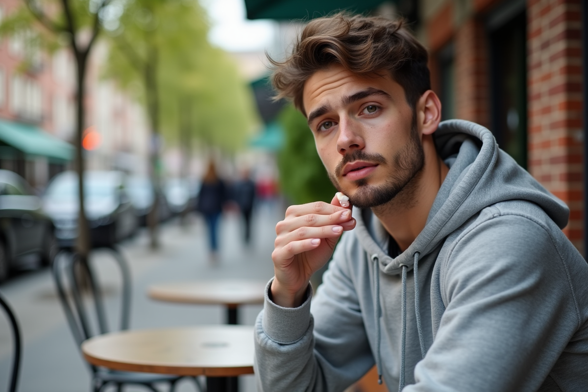 Jeune homme appliquant une creme sur le visage en cafe