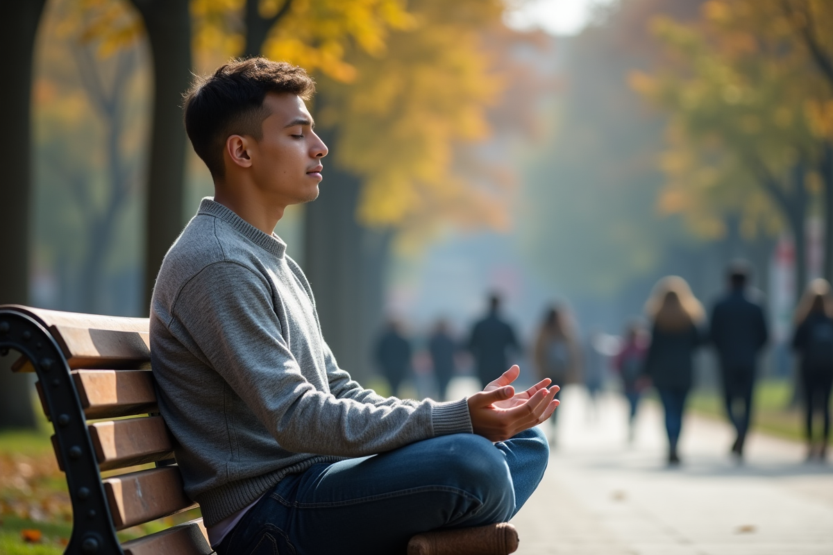 Jeune homme méditant dans un parc urbain en plein air