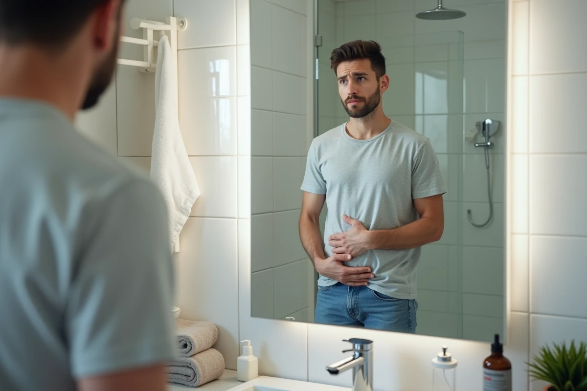 Jeune homme inquiet regardant dans le miroir