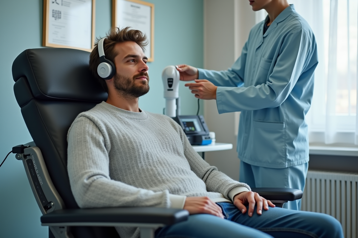 Jeune homme recevant une session de TMS dans une salle claire