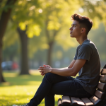 Jeune adulte seul sur un banc dans un parc ensoleille