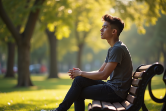Jeune adulte seul sur un banc dans un parc ensoleille