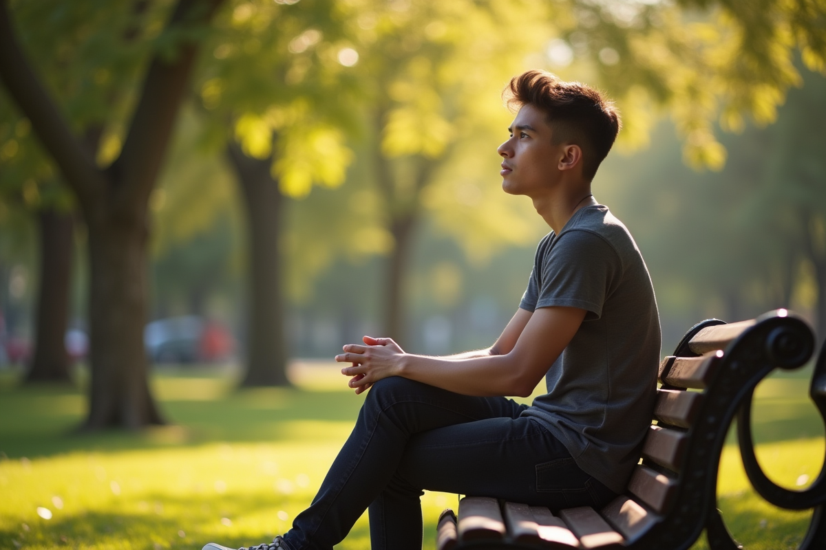 Jeune adulte seul sur un banc dans un parc ensoleille