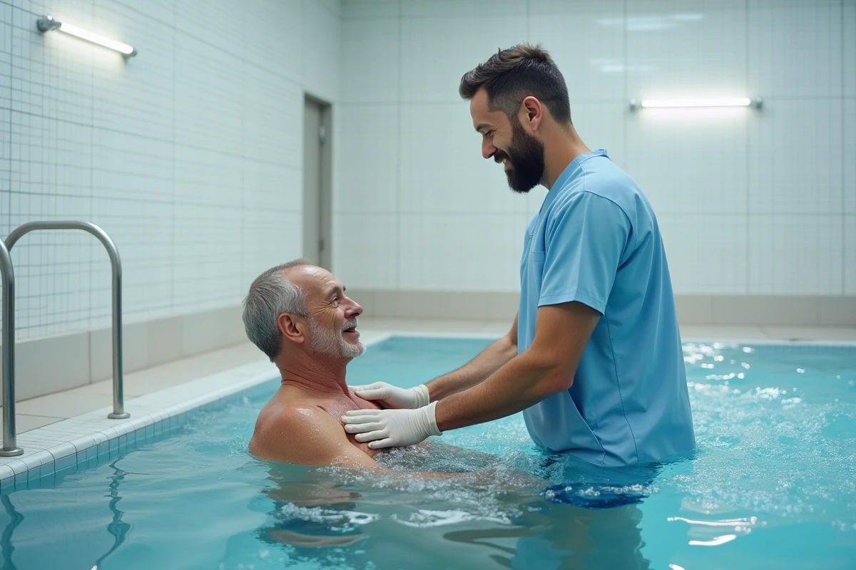 Kinésithérapeute réalisant un massage d'hydrothérapie sur un patient souffrant de sciatique résistante dans une salle de balnéothérapie médicale thermale en France