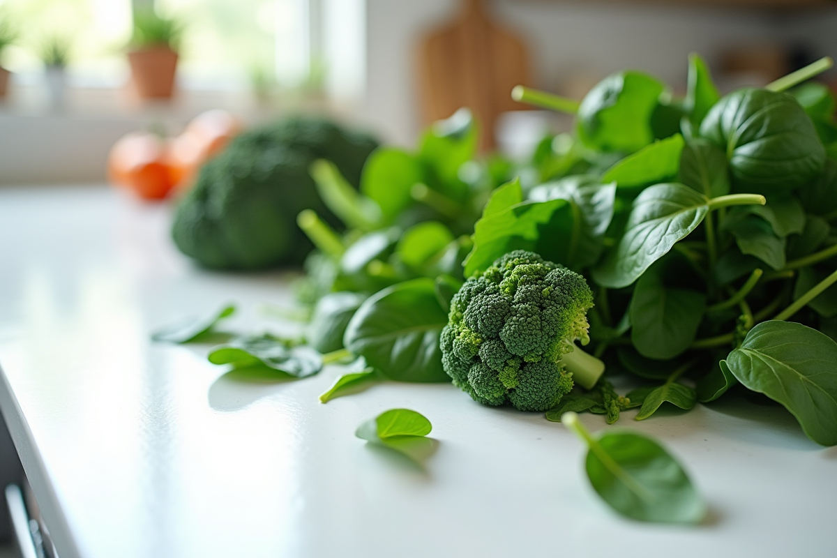 Légumes verts frais comme épinards et brocolis sur le plan de travail