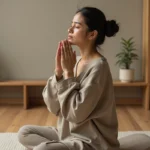 Femme en méditation avec une tension visible de la mâchoire, illustrant la signification spirituelle d'une mâchoire bloquée