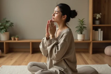 Femme en méditation avec une tension visible de la mâchoire, illustrant la signification spirituelle d'une mâchoire bloquée