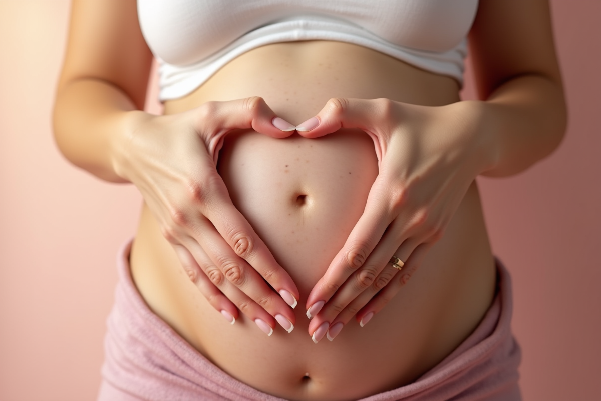 Mains formant un coeur sur le ventre de la femme enceinte