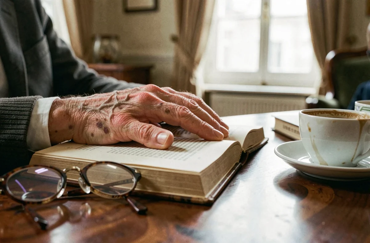 Gros plan sur les mains vieillissantes d'un homme posées sur un livre ouvert dans un bureau parisien, lunettes de lecture et café expresso sur la table en acajou