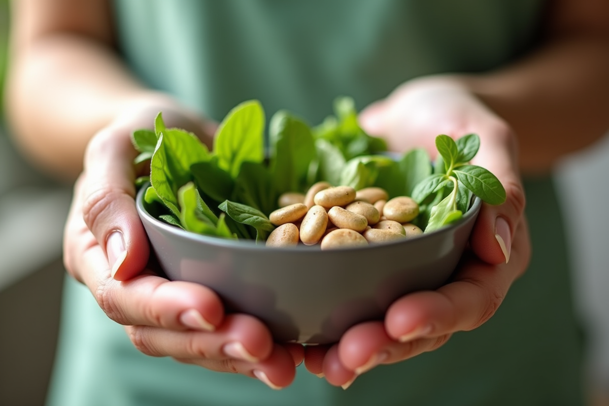 Mains de senior tenant un bol de légumes et vitamine K2