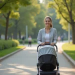 Jeune maman souriante en promenade dans un parc urbain