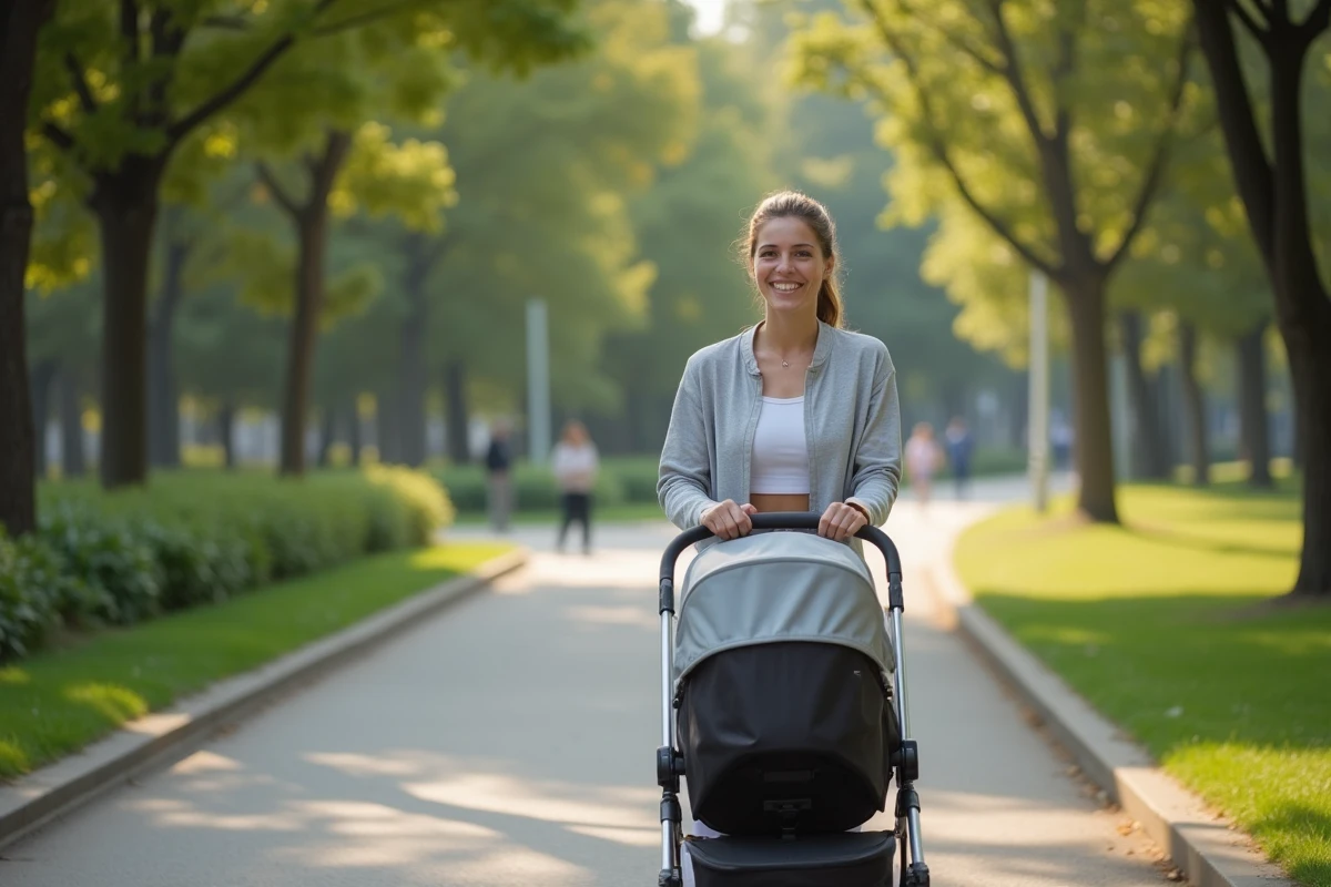 Jeune maman souriante en promenade dans un parc urbain