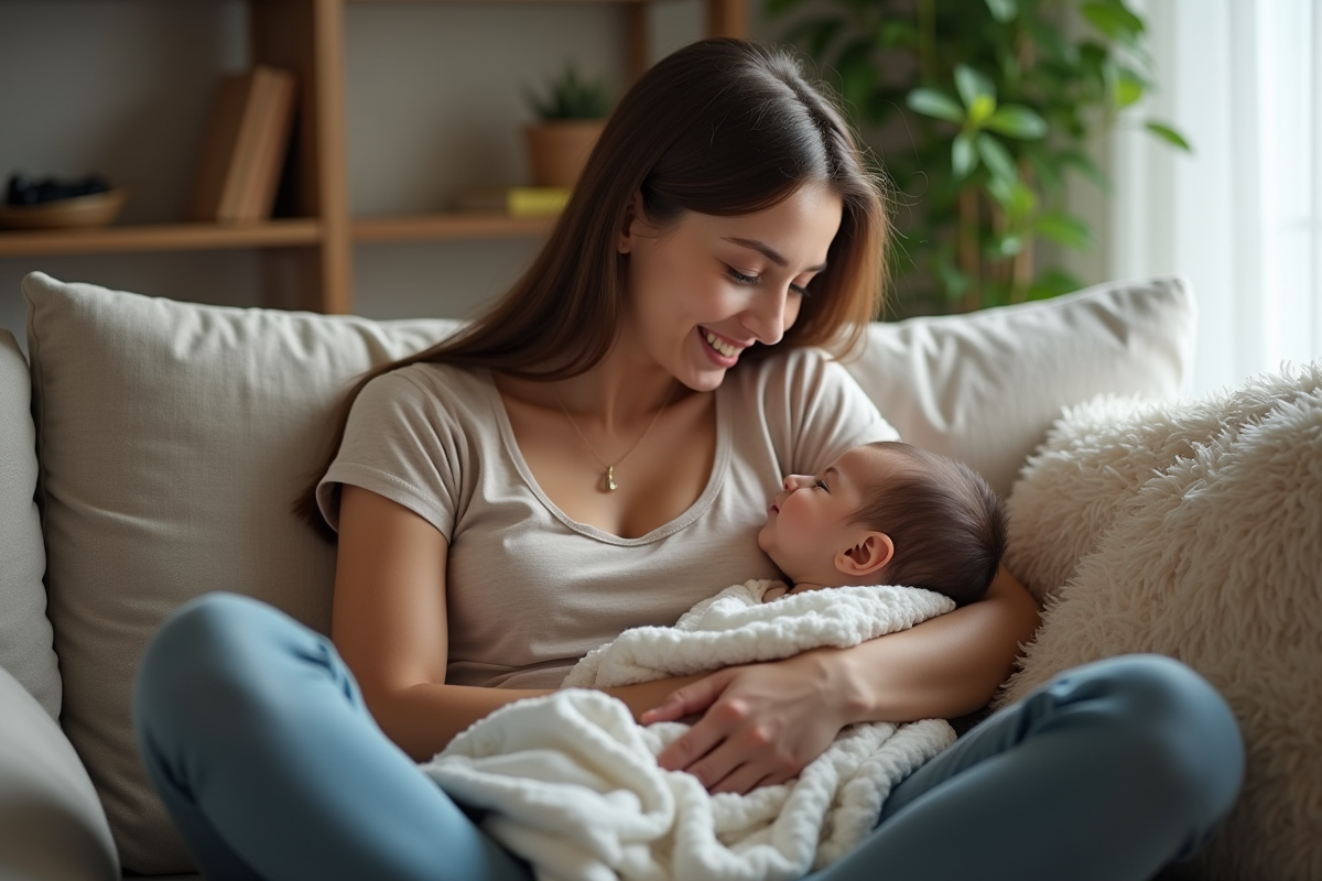 Maman souriante tenant son bébé sur le canapé
