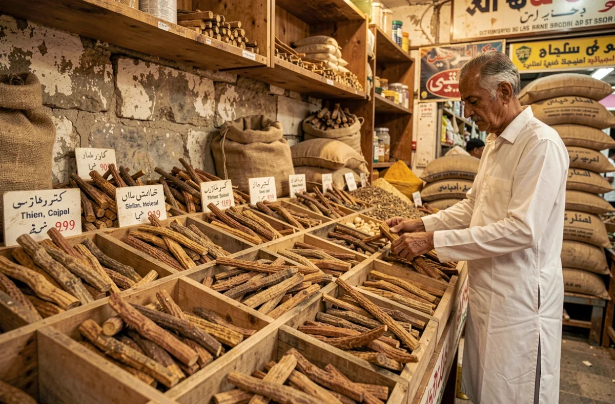 Étal de marché traditionnel sud-asiatique proposant des racines entières de costus indien, illustrant l'achat à la source pour garantir un produit non coupé
