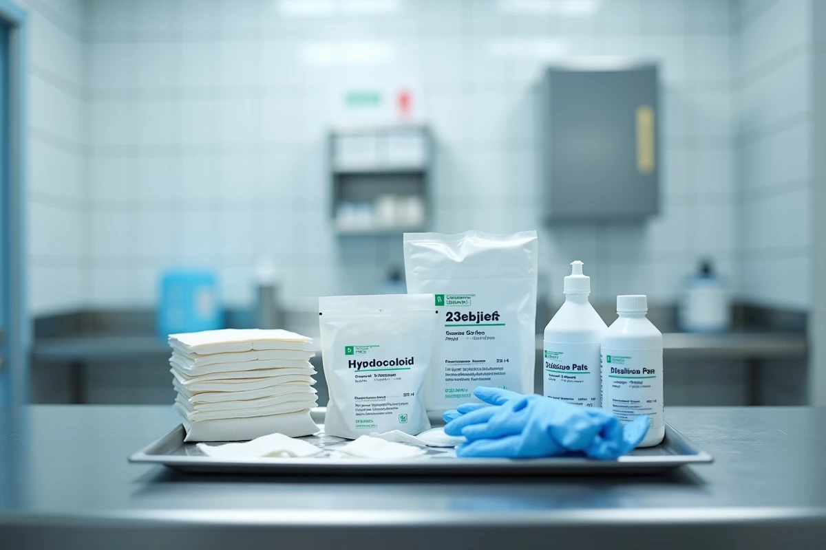 Matériel de soins locaux pour escarre fessier : pansements hydrocolloïdes, compresses stériles et solution saline sur chariot médical