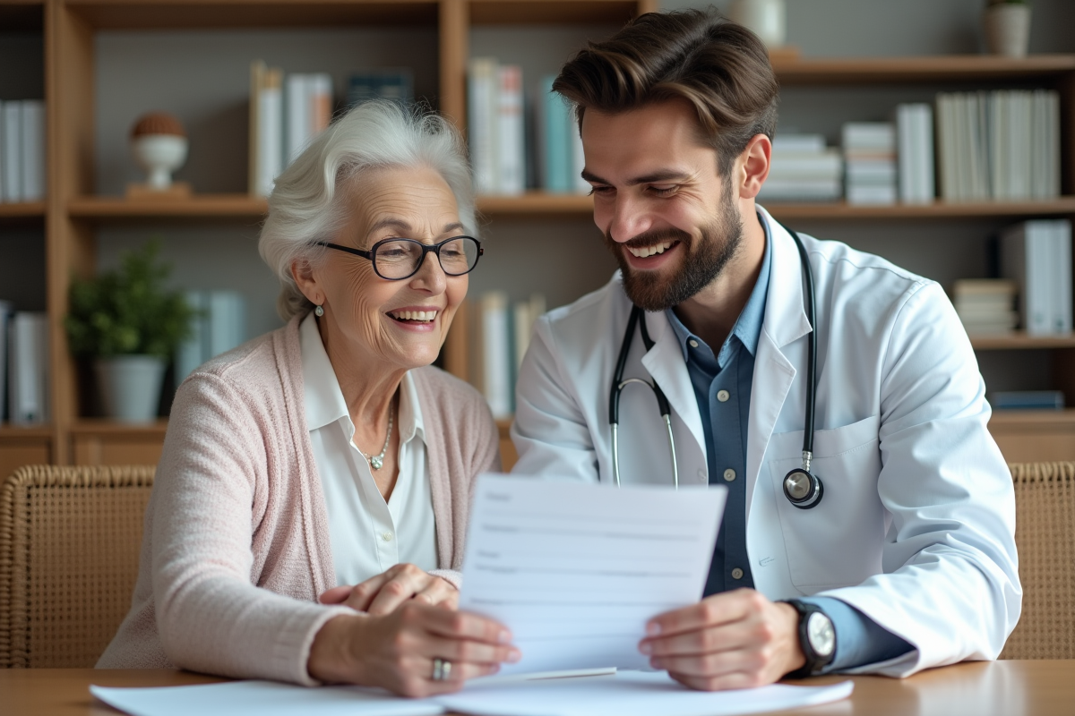 Jeune médecin examinant un questionnaire avec une patiente âgée