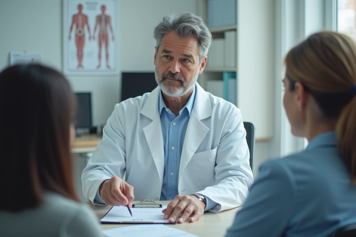 Médecin généraliste expliquant la liste des 30 maladies ALD exonérantes à un patient en cabinet