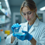 Médecin femme en laboratoire avec plaque petri