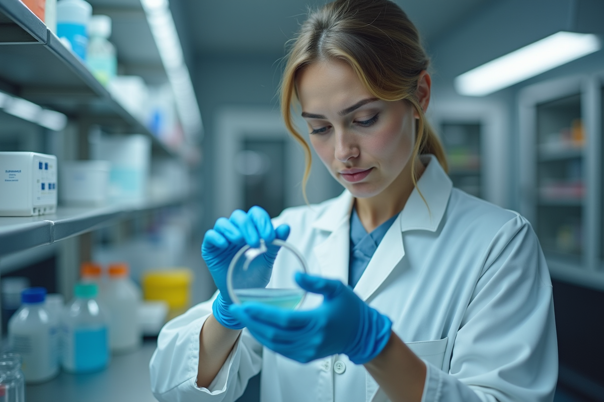 Médecin femme en laboratoire avec plaque petri