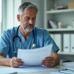 Médecin en blouse hospitalière examinant des documents importants