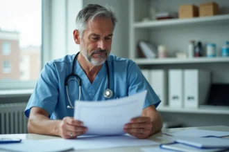 Médecin en blouse hospitalière examinant des documents importants
