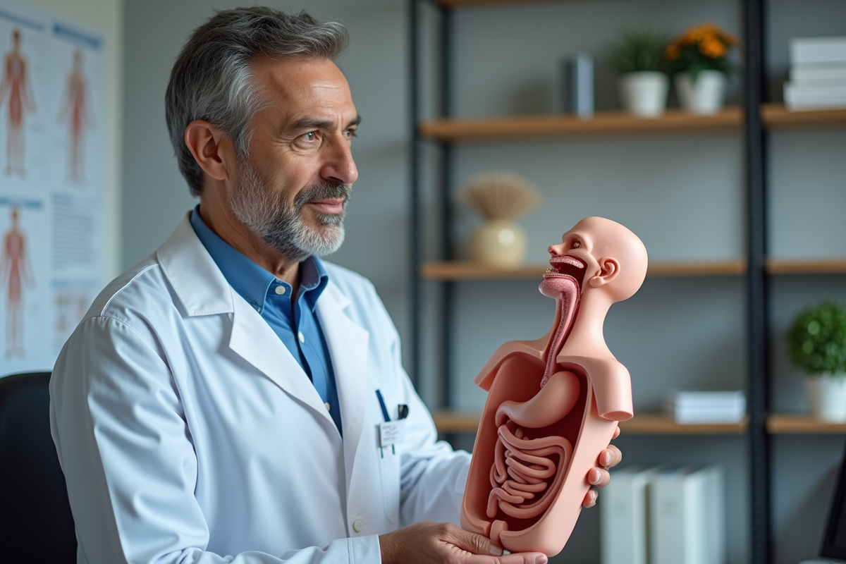 Medecin expliquant le systeme digestif avec modele