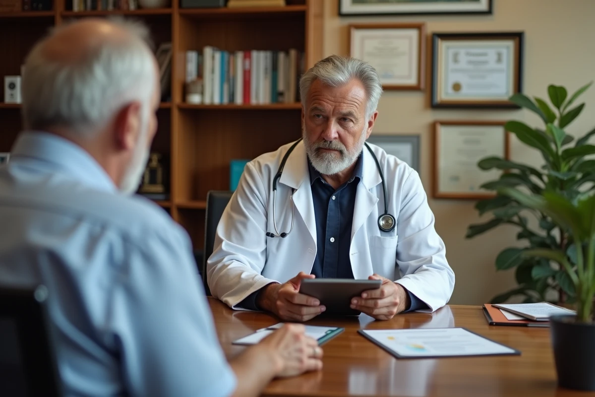 Médecin généraliste expliquant le remboursement du vaccin zona à un patient âgé dans son cabinet