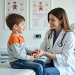Medecin femme rassurant un jeune patient en consultation pediatrique