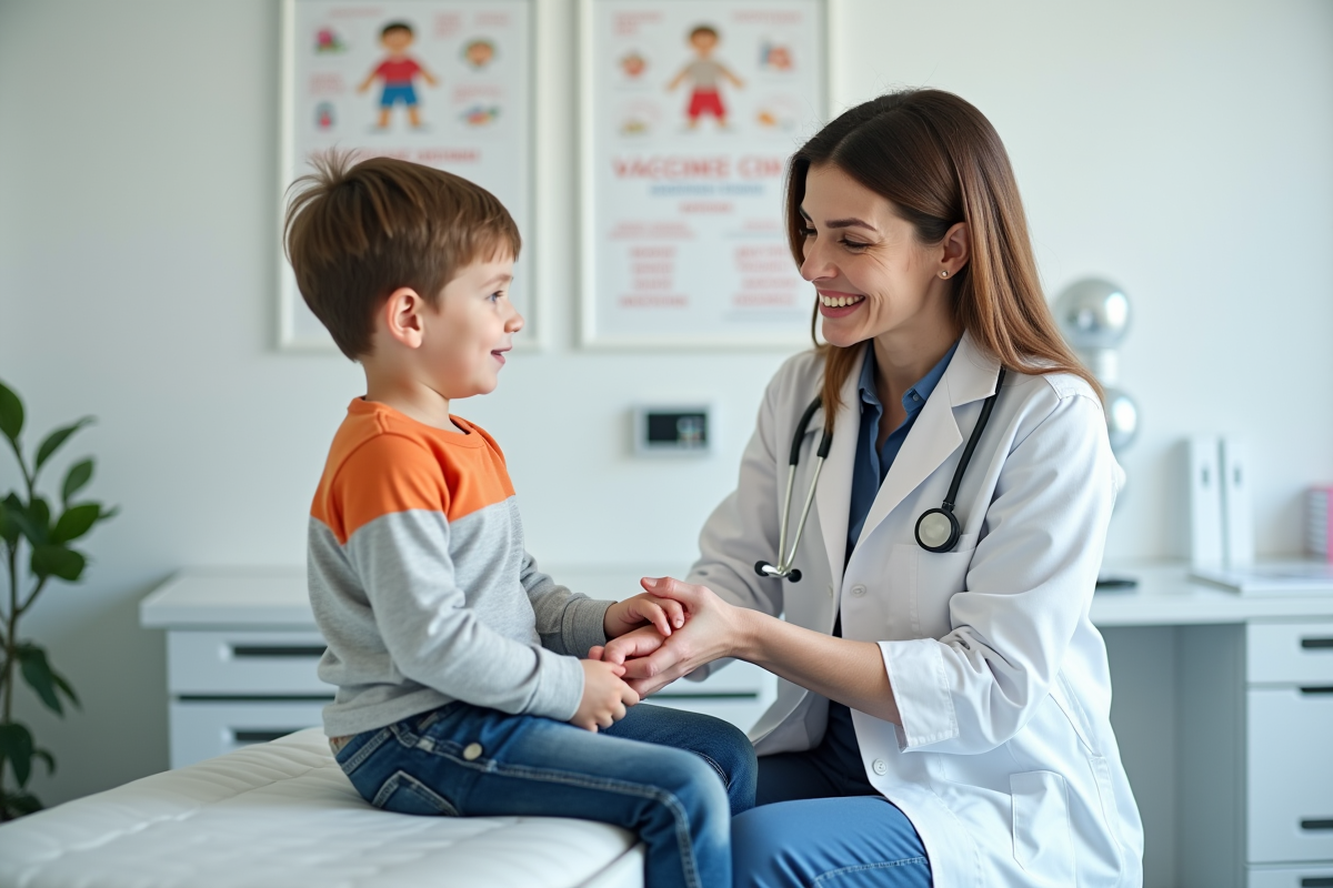 Medecin femme rassurant un jeune patient en consultation pediatrique