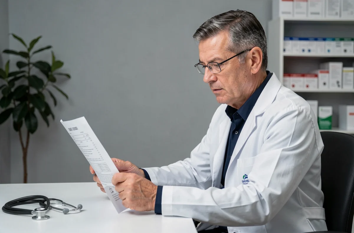 Médecin consultant un rapport médical sur la sécurité d'un complément alimentaire en usage prolongé