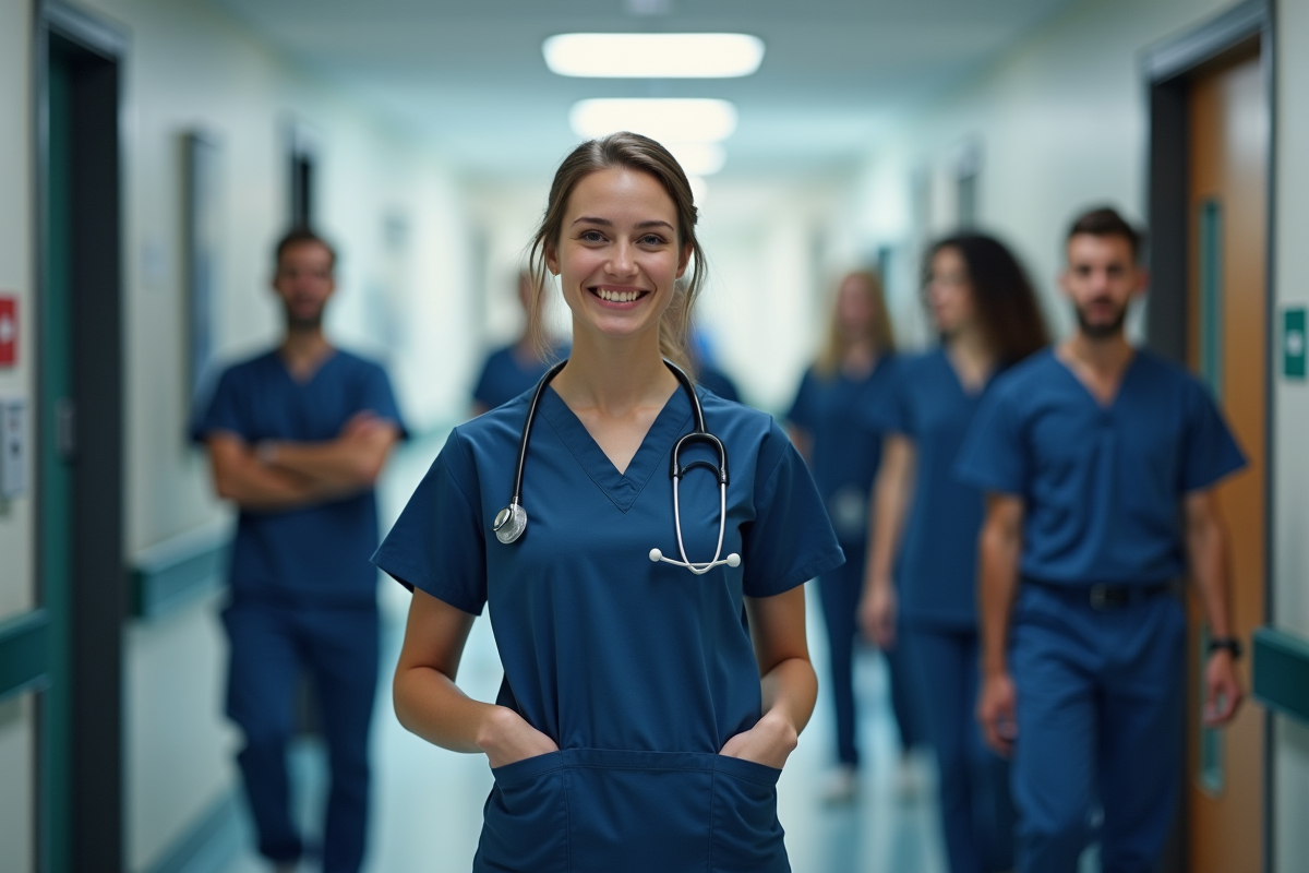 Jeune medecin saluant collegues dans un couloir hospitalier