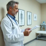 Médecin mesurant la taille d'un patient avec un stadiomètre dans un cabinet médical moderne