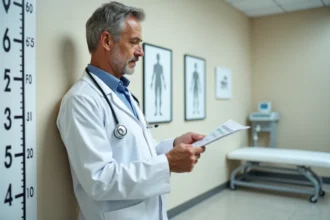 Médecin mesurant la taille d'un patient avec un stadiomètre dans un cabinet médical moderne