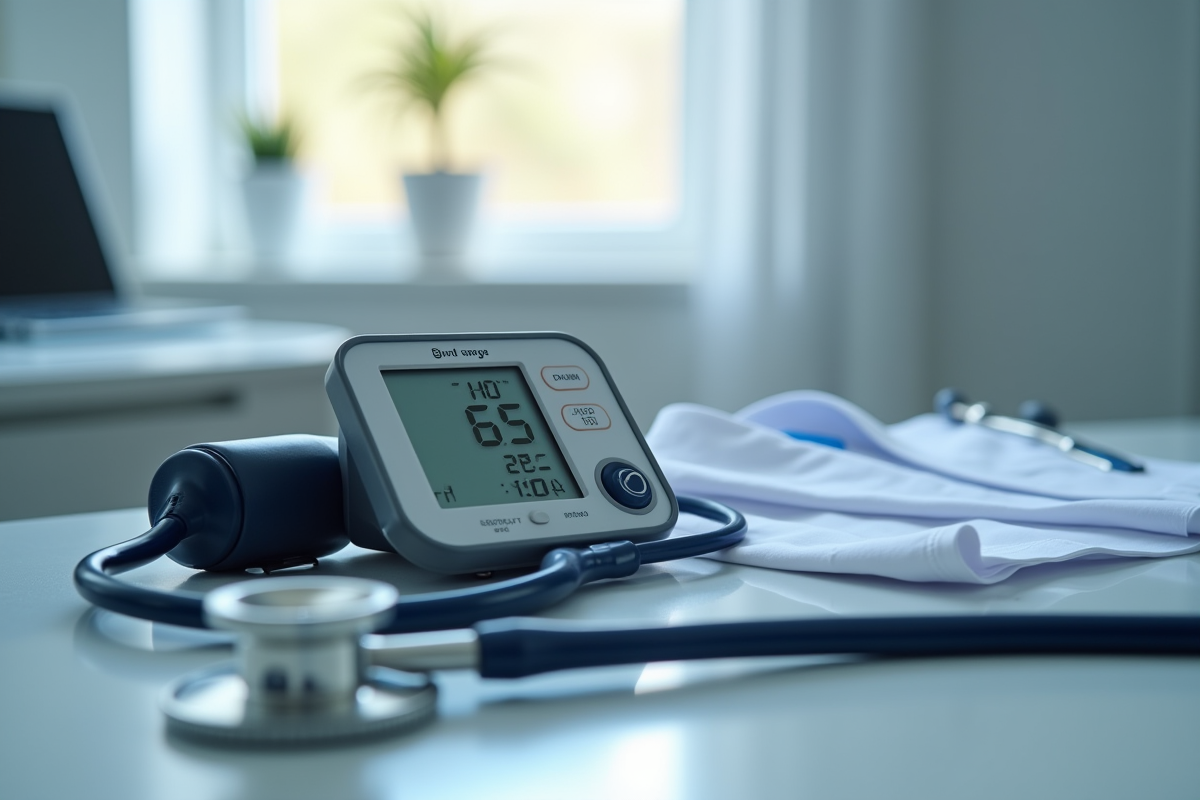 Moniteur de pression digitale avec stethoscope et blouse blanche