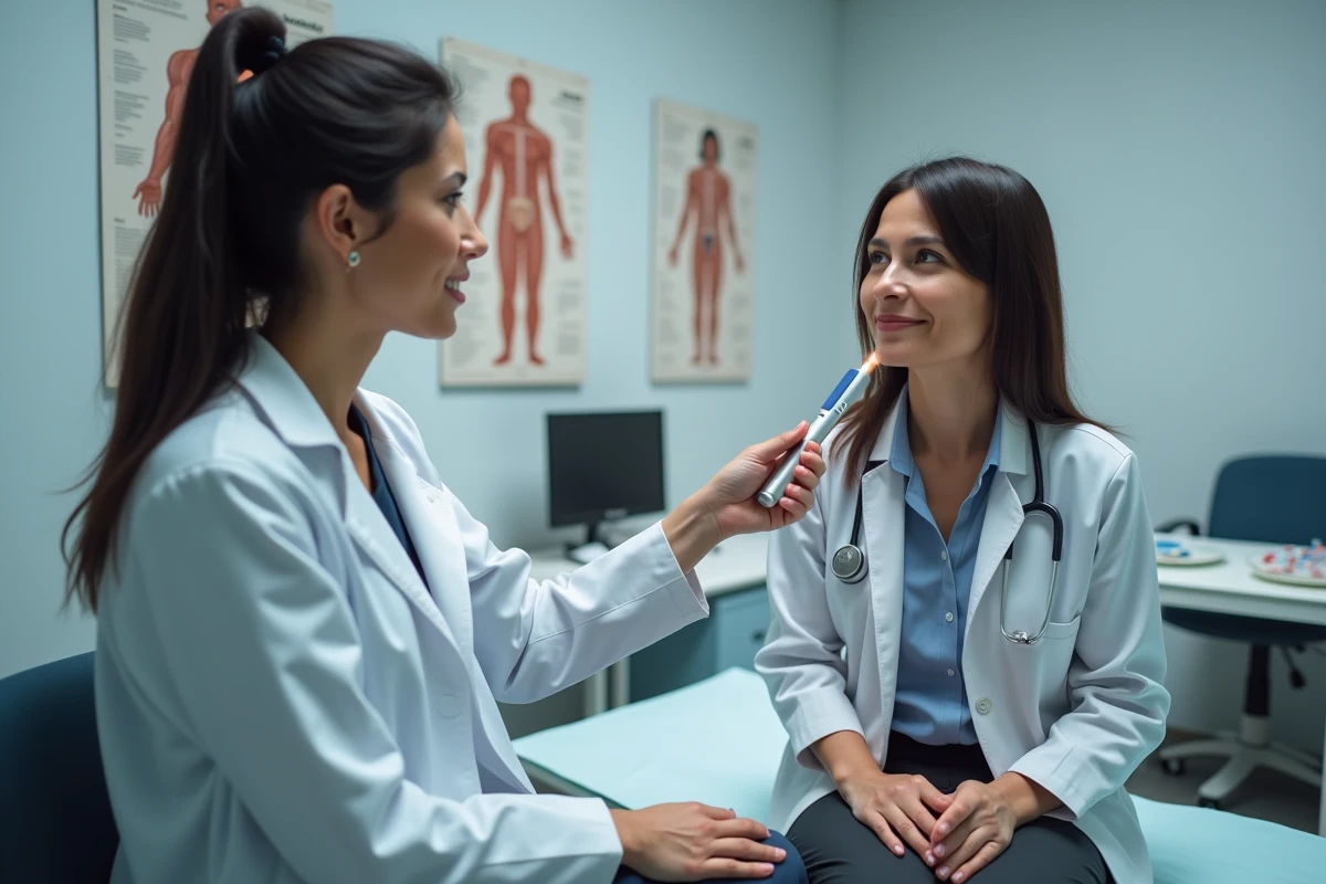 Médecin examinant la lèvre gonflée d'un patient lors d'une consultation pour oedème de Quincke