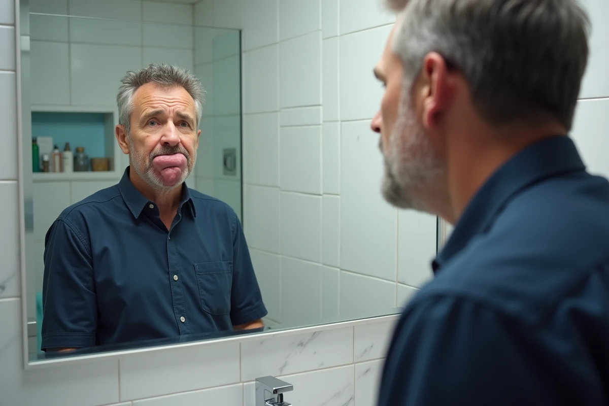 Homme d'âge moyen examinant sa lèvre enflée dans un miroir de salle de bain, symptôme d'oedème angioneurotique
