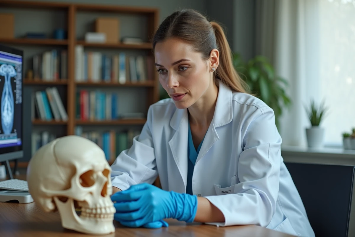 Oncologue examinant un modèle anatomique de mâchoire pour illustrer le diagnostic du cancer à un stade tardif