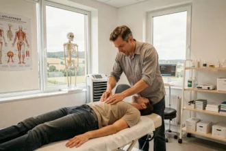 Ostéopathe en cabinet pratiquant un soin sur un patient dans la région Pays de la Loire