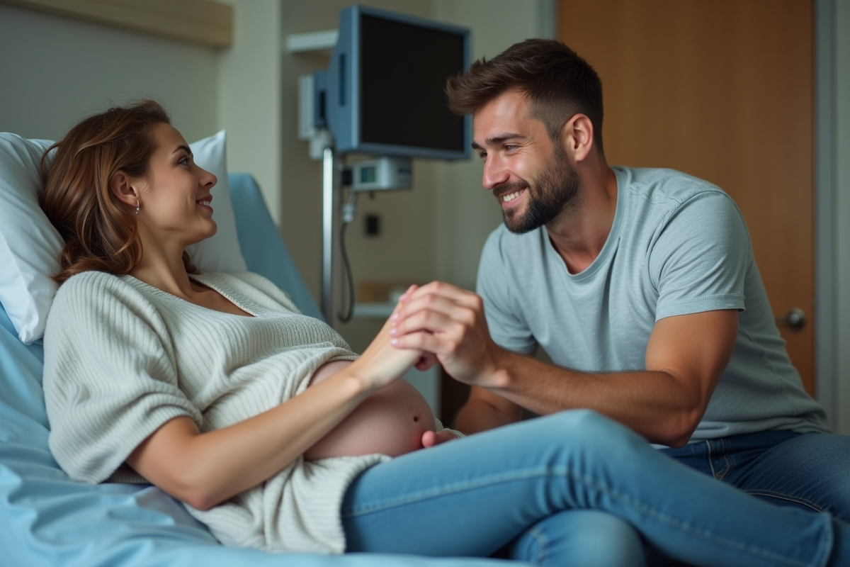 Jeune père tenant la main de sa partenaire à l