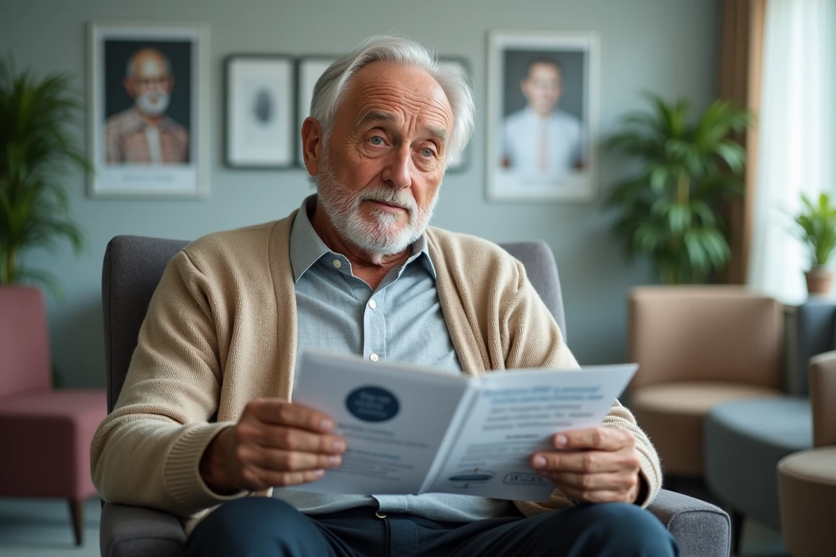 Patient âgé en salle d'attente d'un centre IRM ouvert tenant une brochure d'information sur l'examen