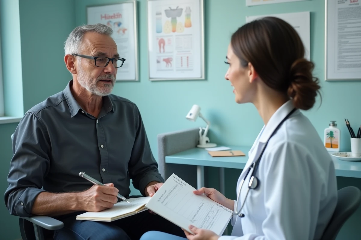 Patient préparant sa consultation médicale avec un carnet de notes face à son médecin généraliste pour des fourmis récurrentes dans les bras