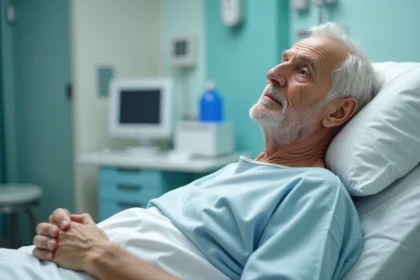 Patient âgé allongé sur le côté dans une chambre calme